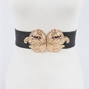 3A. Gold Metal Leaf Buckle Stretch Straw Belt